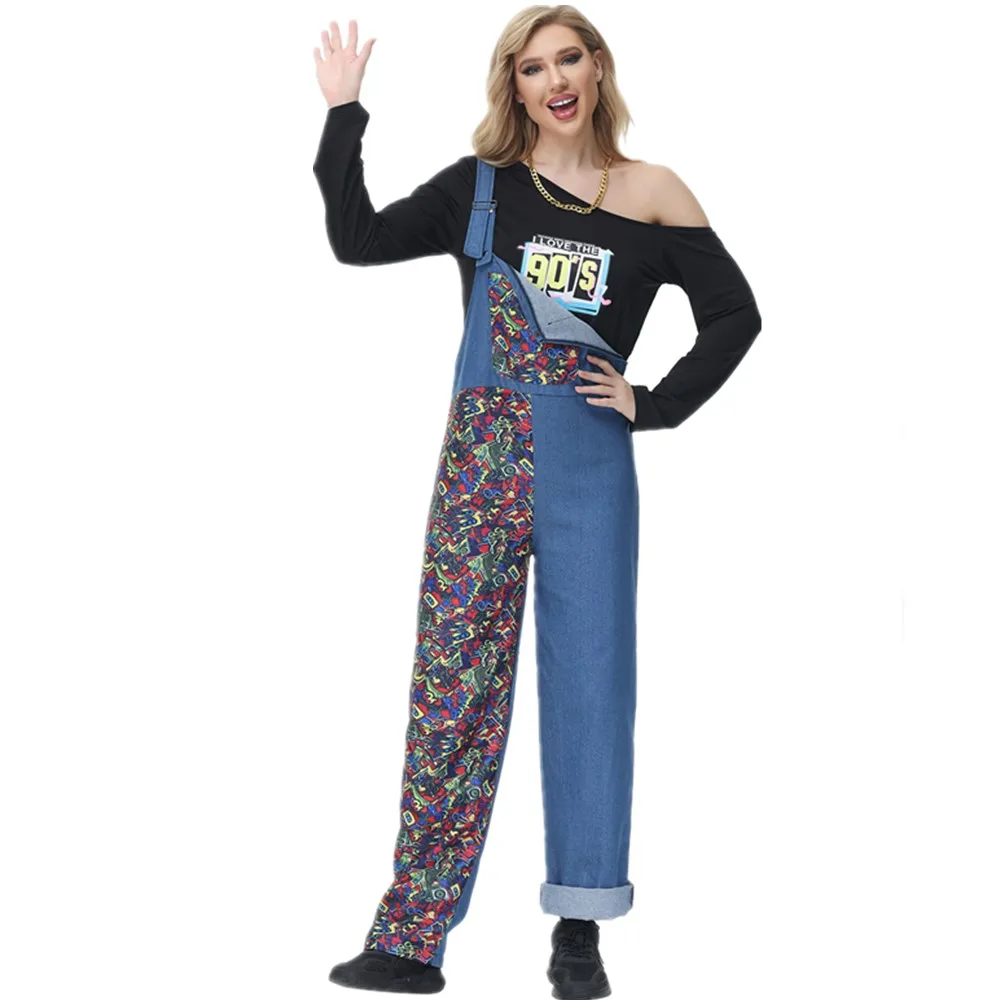 

Women 80's 90's Hip Hop Disco Cosplay Hippie Costume Adult Halloween Purim Carnival Party Dress Up Casual Bib Suit