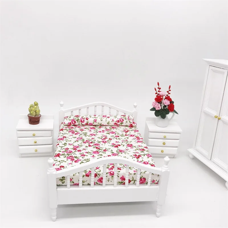 

1:12 Dollhouse Miniature Flower Print Bedroom Bed Furniture Toy for Children Kids
