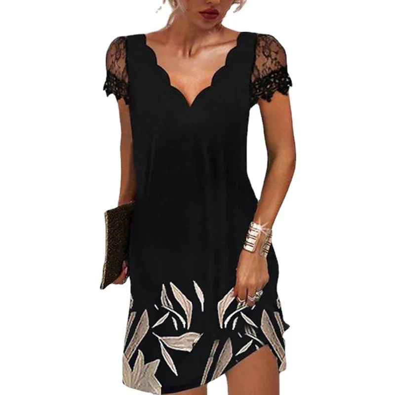 

2022 Women Dress Fashion Summer Short Sleeve Lace Printed Dresses Pullover Elegant Party Short Dress Plus Size
