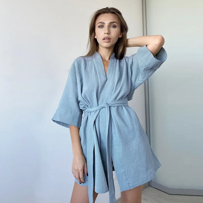 The New High Quality Women's Robe Loungewear Short Sleeve Pajamas Crepe Short Nightgown Bathrobe Casual Women's Dressing Gown