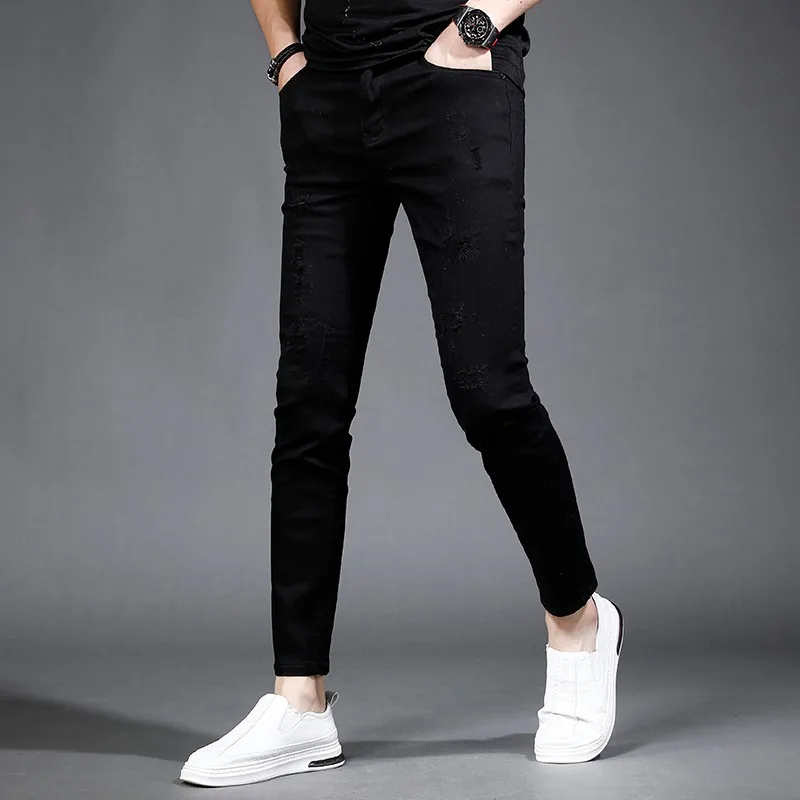 Summer Black Ankle-Length Pants Men Ripped Jeans Streetwear Korean Style Casual Lightweight Slim Fit Denim Trousers