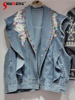 2022 fall womens color embroidery rhinestone denim vest coat roupas femininas three dimensional flower sleeveless jean jacket