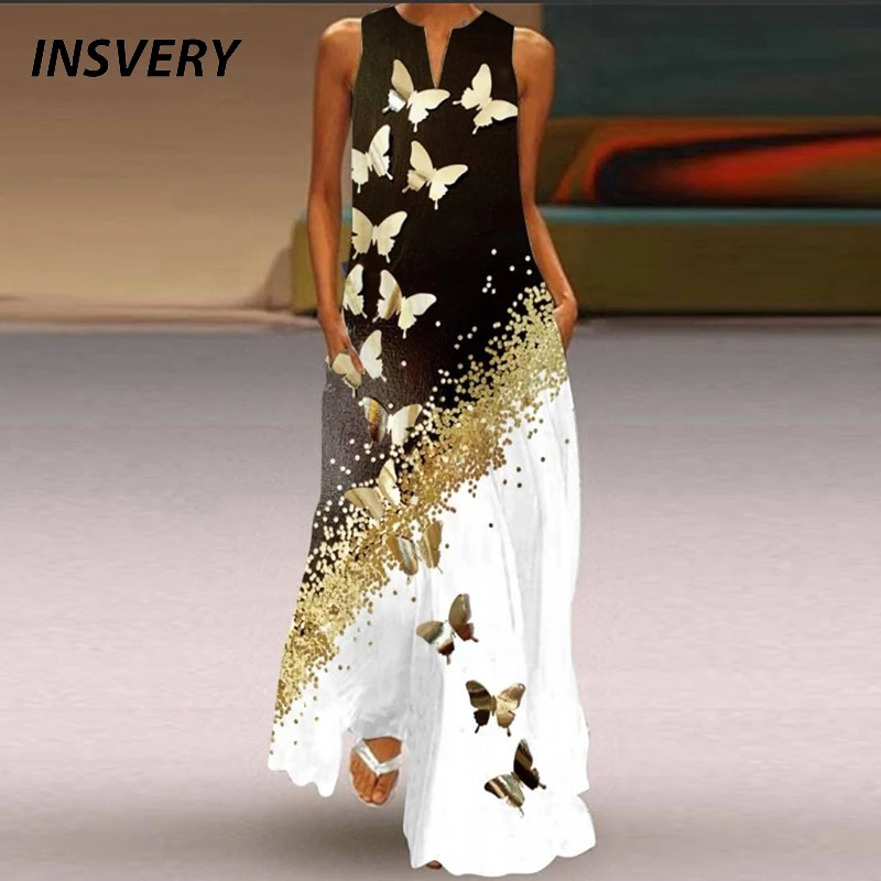 

Vintage Women Dress 2022 Summer V Neck Party Dress Women Elegant Printing Sleeveless Dress Casual Loose Maxi Dress Plus Size