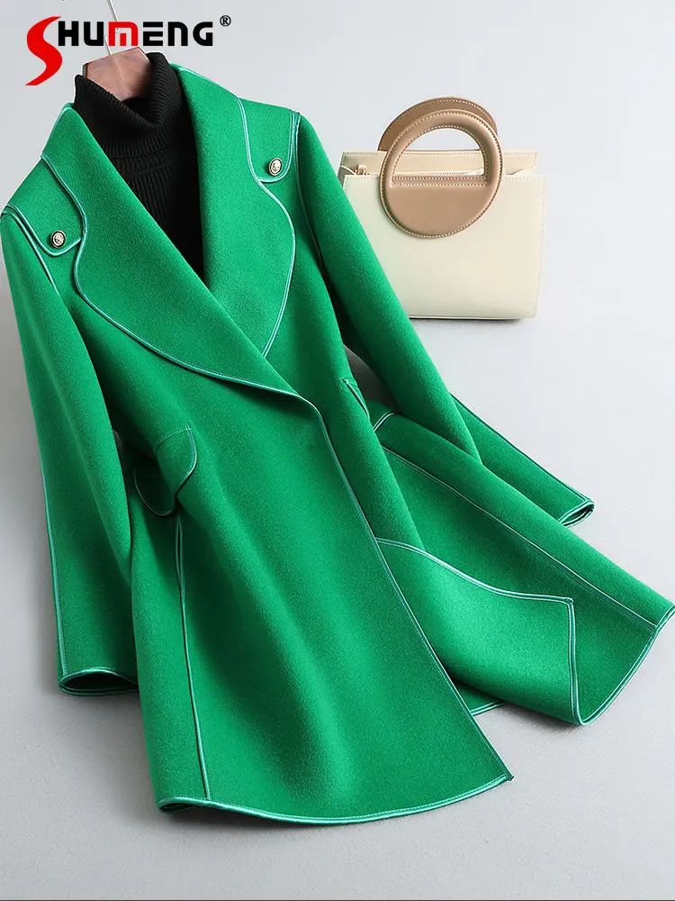 

Luxury Reversible Cashmere Green Mid-length Coat Female 2022 Autumn Winter New High-End Temperament Loose Woolen Jackets Ladies