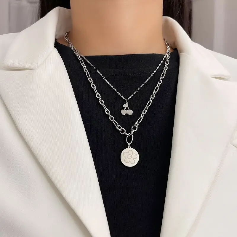 

Round flower cherry Necklace women's cool style hip hop cool fashion clavicle chain layered women's punk sweater chain