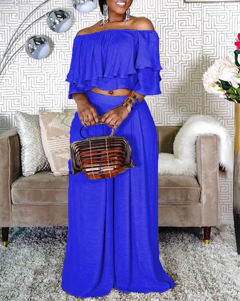 

African Sets Sexy Crop Wide Leg Pant Off the Shoulder Loose Fashion High Street Wear Outfit Matching Sets