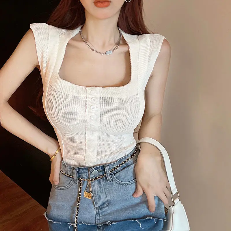 Новинка 2024 однотонная вязаная кофта женский элегантный топ без рукавов модная