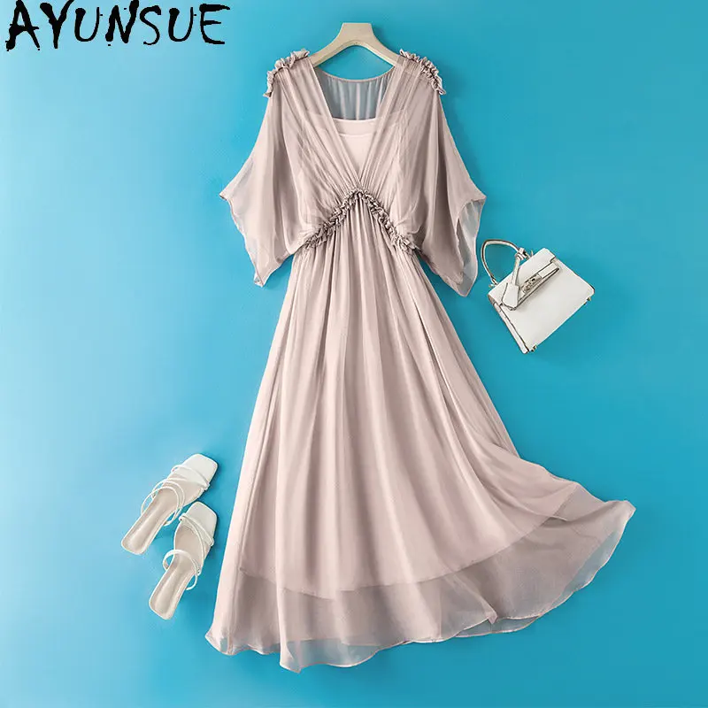 

Женское шелковое платье с высокой талией, длинное приталенное платье из натурального шелка тутового шелкопряда с V-образным вырезом, одежда для отдыха, 95%