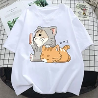 100 cotton summer t shirt female 2022 harajuku y2k loose casual anime kawaii cat print short sleeved t shirts top women clothes