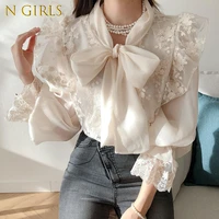 n girls korean fashion women lace shirt 2022 spring new bow tie elegant temperament loose blouse long flare sleeve ladies tops
