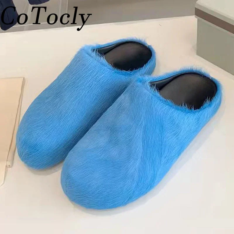 New Fur Slippers Woman Round Toe Slides Women Luxury Horsehair Slippers Men Flat Casual Mules Autumn Winter Runway Shoes Unisex