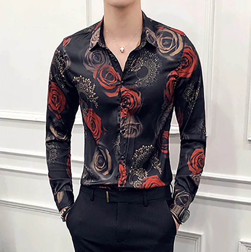 

Рубашка мужская с цветочным принтом, гавайская блуза Slim Fit с длинным рукавом, приталенная, с принтом роз, для клувечерние