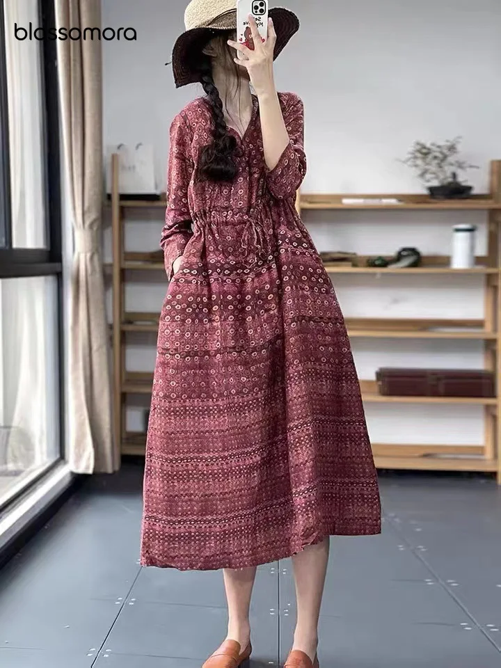 

Blossomora Print Loose Vintage Midi Dress Casual V-neck Short Sleeve Elegant Robe Lace Up Dresses Summer Vestidos for Women 2022
