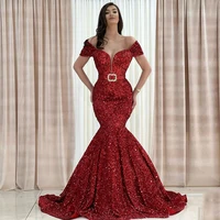 red evening dresses 2022 v neck off the shoulder mermaid formal%c2%a0party%c2%a0dress with belt elegant sequin zipper long sexy prom gowns