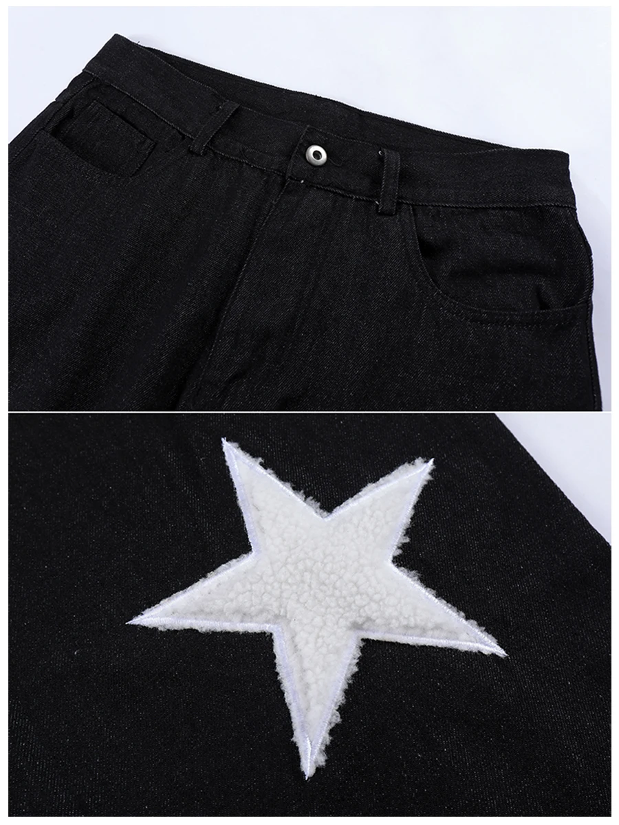 Four Seasons Star Embroidered Side Belt Streetwear Men's Jeans Retro Harajuku Patchwork Loose Casual Denim Trousers Ins Hot Sale