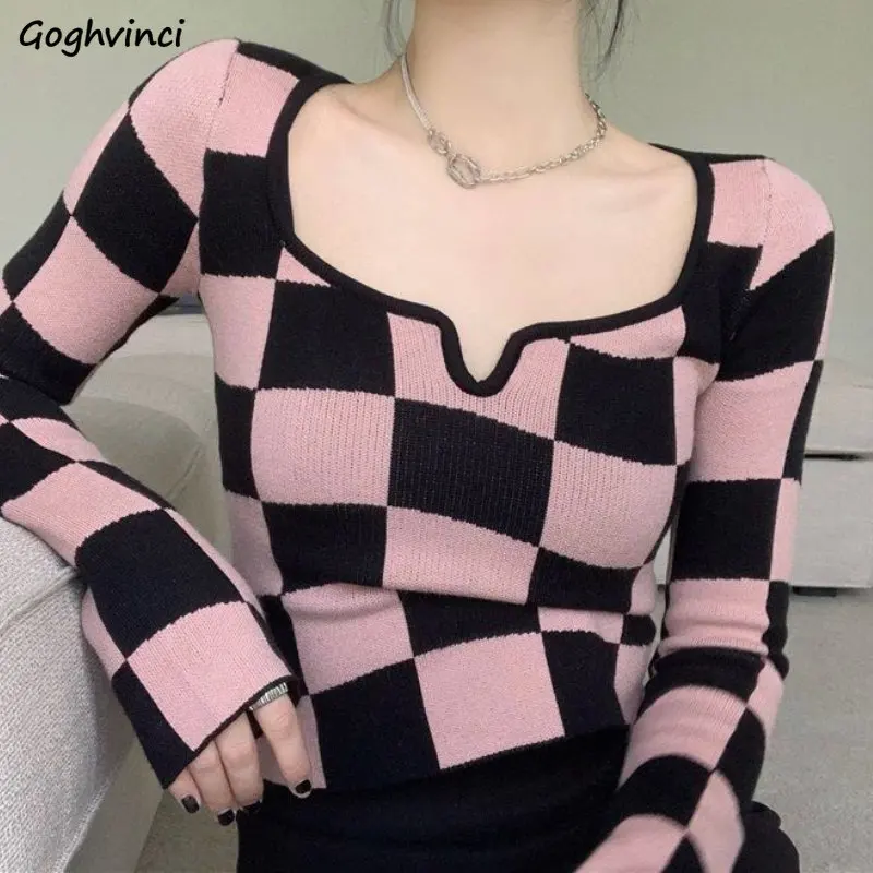 

Cropped Knitted Pullovers Women Korean Fashion Hotsweet Panelled Plaid Autumn Long Sleeve Simple Chic Ins Vintage College Sueter