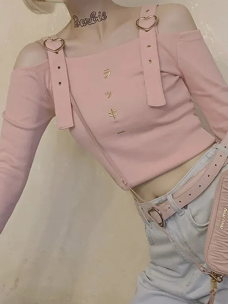 

QWEEK Y2k Kawaii Punk Pink T Shirts Embroidery Japanese Harajuku Streetwear Cropped Tshirt Crop Off Shoulder Tops 2022 Summer