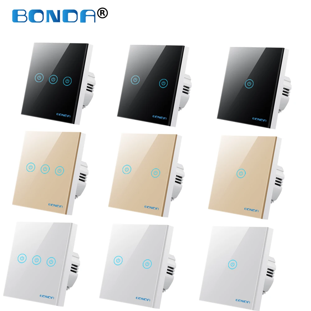 

Настенный сенсорный выключатель BONDA, стандарт ЕС/Великобритании, 1 канал, настенный датчик питания, выключатель света, 4 цвета, Хрустальная с...