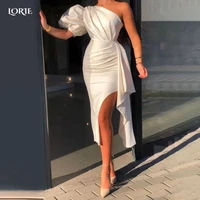 lorie solid white formal evening dresses one shoulder puff sleeves side slit celebrity gowns ruched ruffles arabia party dress