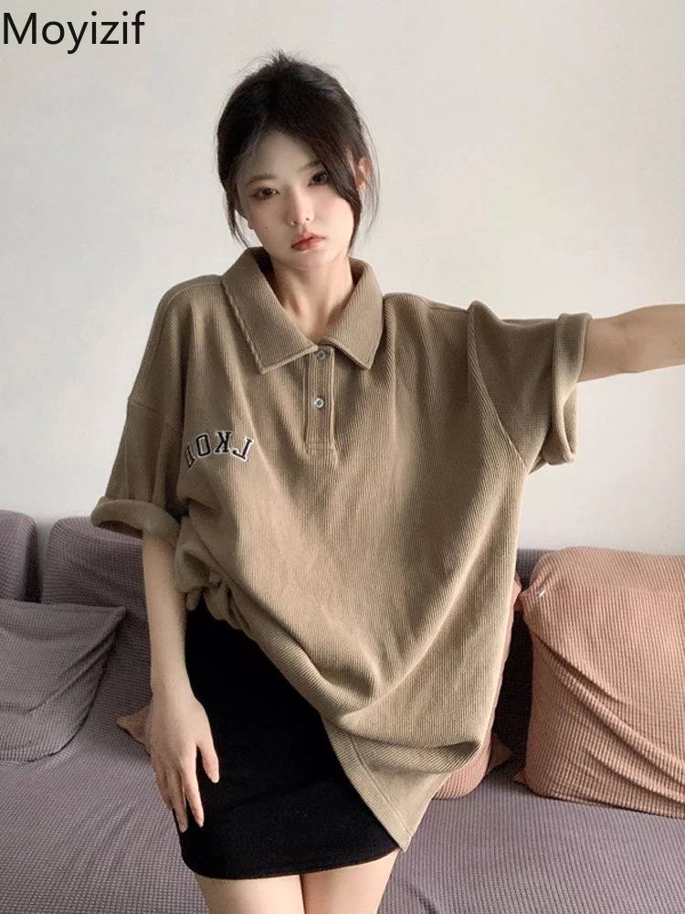 

Рубашка-поло Moyizif в винтажном стиле, Повседневная рубашка-поло оверсайз с коротким рукавом в стиле преппи, Новинка лета 2022, для студенток, же...