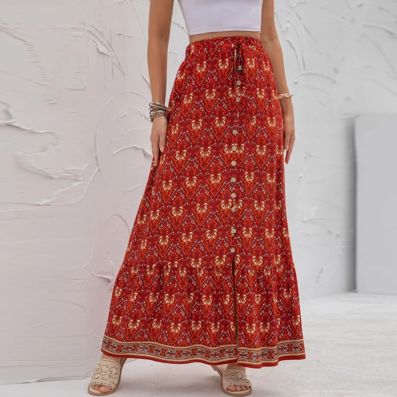 Long Skirts Summer Women's 2023 New High Waist Printed Breasted Button Slit Fashion Sexy Elegant Female Skirt