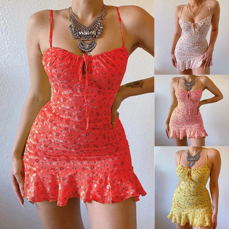 damska seksowna letnia sukienka bez rękawów Modna krótka spódniczka na co dzień z kwiatowym nadrukiem i wstążkami Elastycznoś...