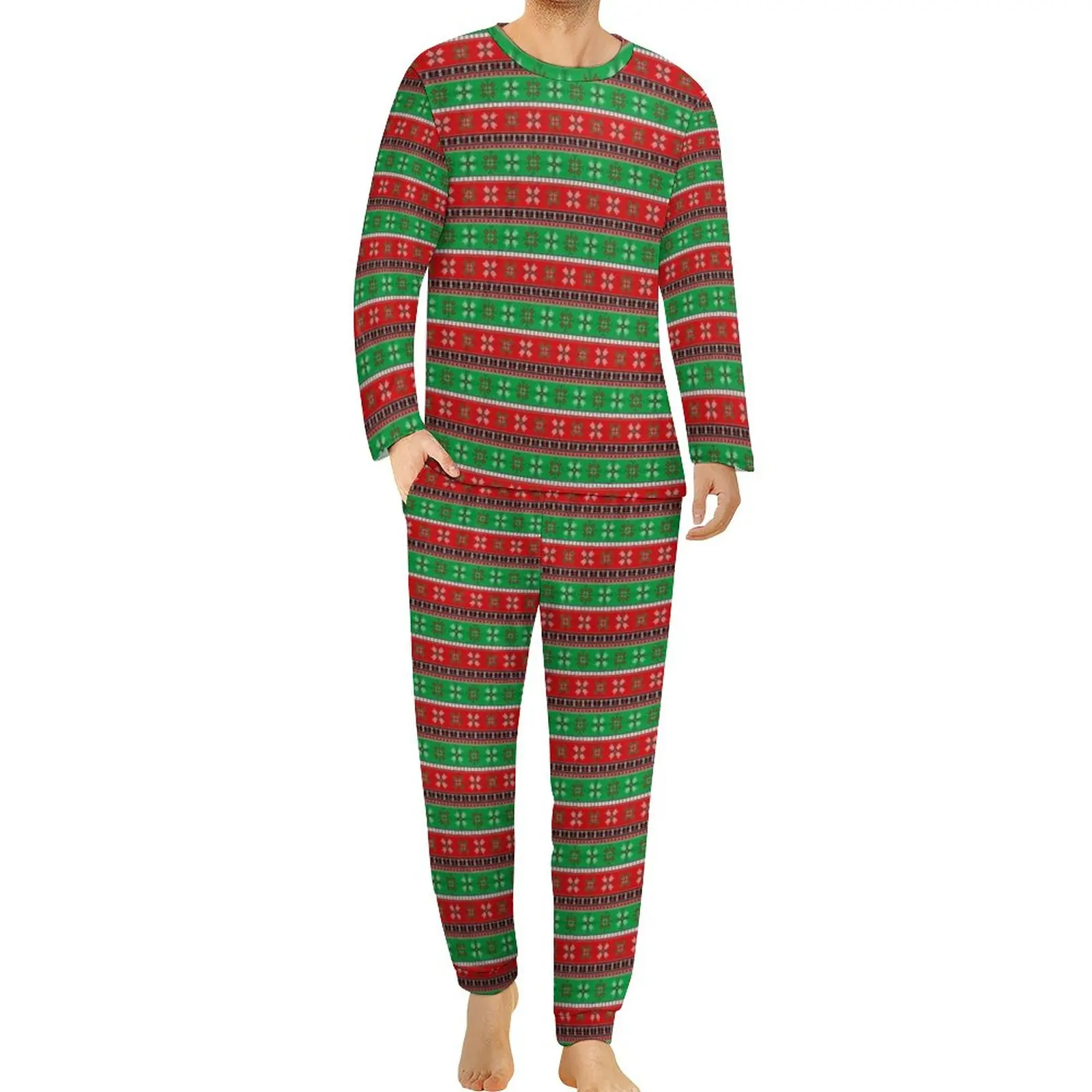 Retro Christmas Pajamas Winter 2 Piece Snowflake Print Cute Pajama Sets Men Long-Sleeve Night Pattern Nightwear 3XL 4XL 5XL