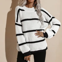 women stylish comfortable loose casual new autumn winter sweaters 2021 round neck simple stripe jumper female long sleeve tops