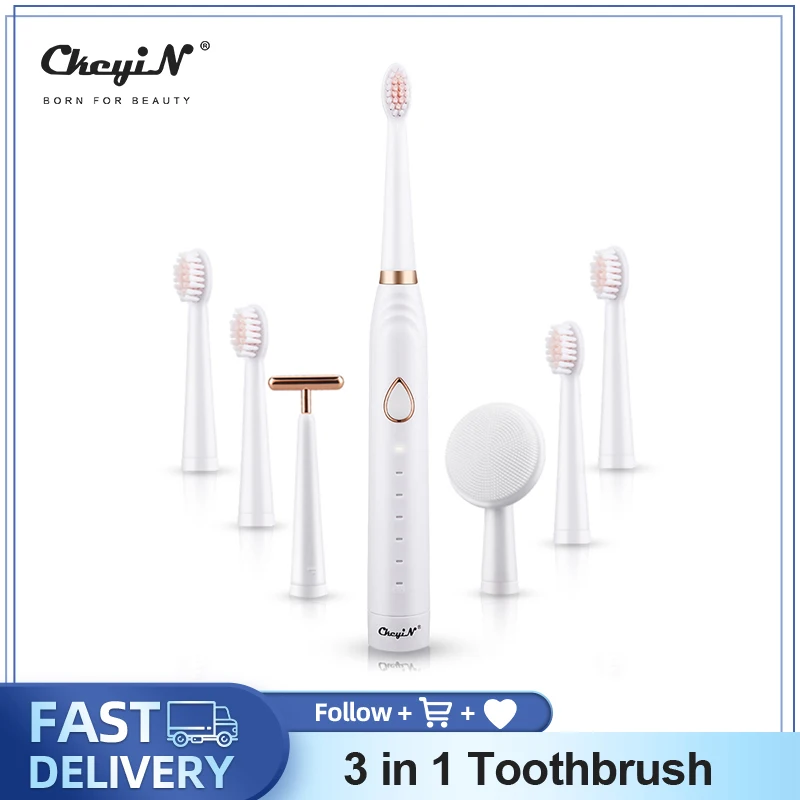 Электрическая зубная щетка CkeyiN 3 в 1, умный таймер для чистки зубов, силиконовая вибрационная Очищающая щетка для лица, перезаряжаемый масса...