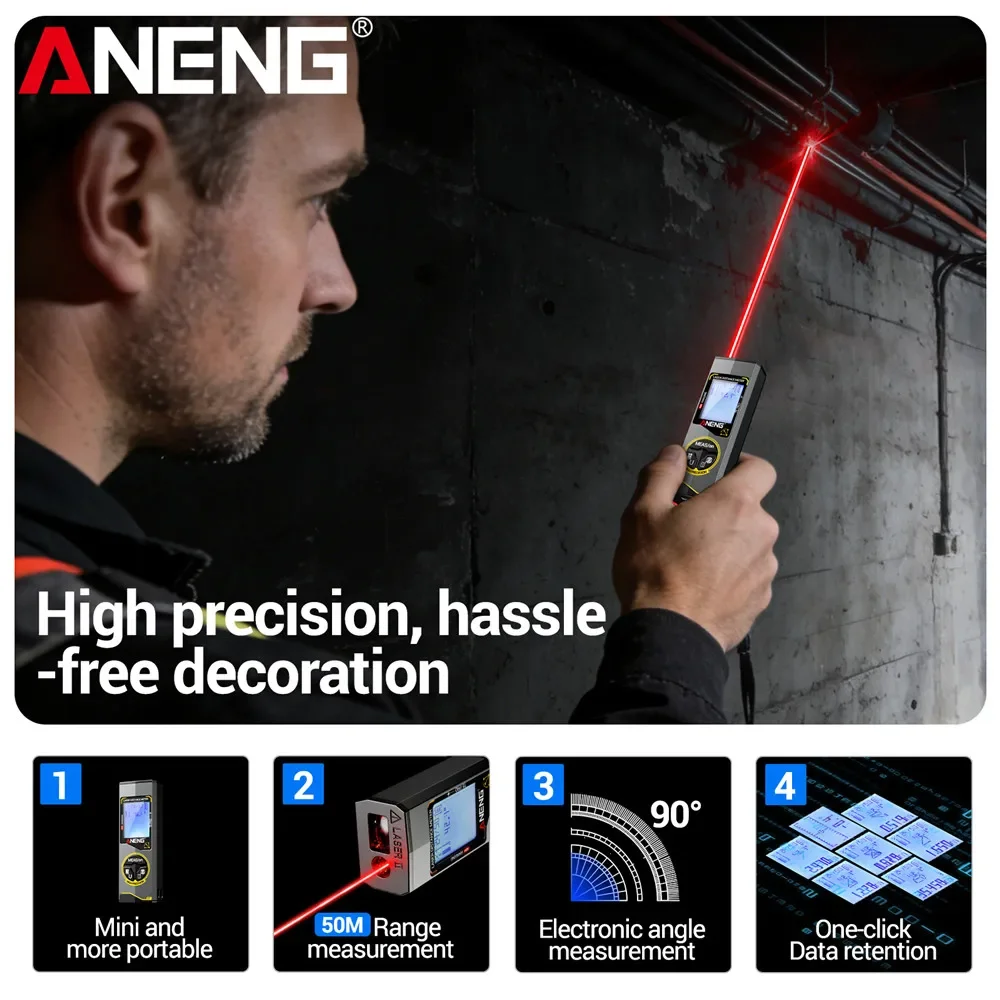 Фото Мини-лазерный дальномер ANENG 30м/50м, перезаряжаемый через USB, с высокой точностью ±2 мм, ручной измерительный инструмент. №2