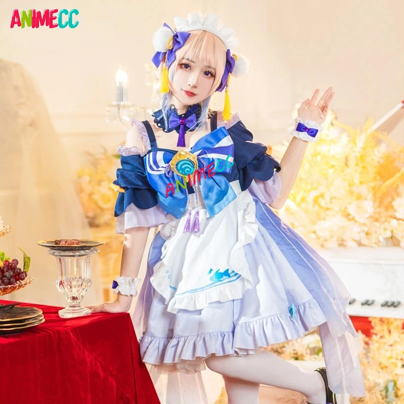 

ANIMECC Genshin Impact Kokomi Cosplay Costume Maid Dress Anime Game Halloween Party Costume for Women Girls Dress+free Panniers