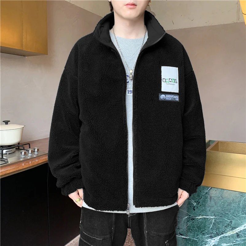

Fashionable Men Wear Fleece Jacket on Both Sides, Pure Color Warm Thickened Fleece Jacket Winter
