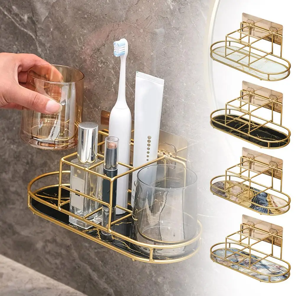 

Wall-Mounted Bathroom Storage Rack For Mouthwash cup Toothbrushes Toothpaste Luxury Bathroom Shelf Without Drilling A7Y8