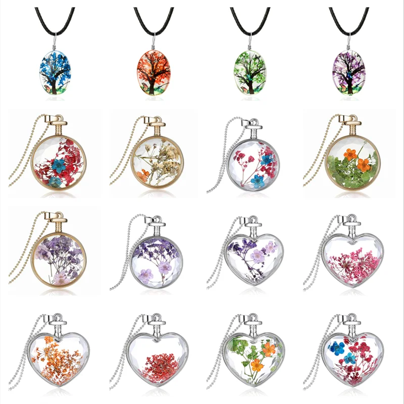 

New Color Tree Dried Flower Butterfly Landscape Pendant Necklace Handmade Glass Jewelry Wholesale Personality Small Pendant