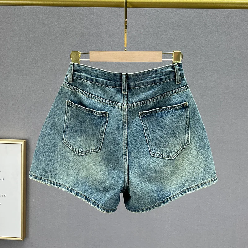 Fashion Denim Shorts Culotte 2023 Spring and Summer New High Waist Exquisite Rhinestone Wide Leg Hot Pants  Shorts for Women