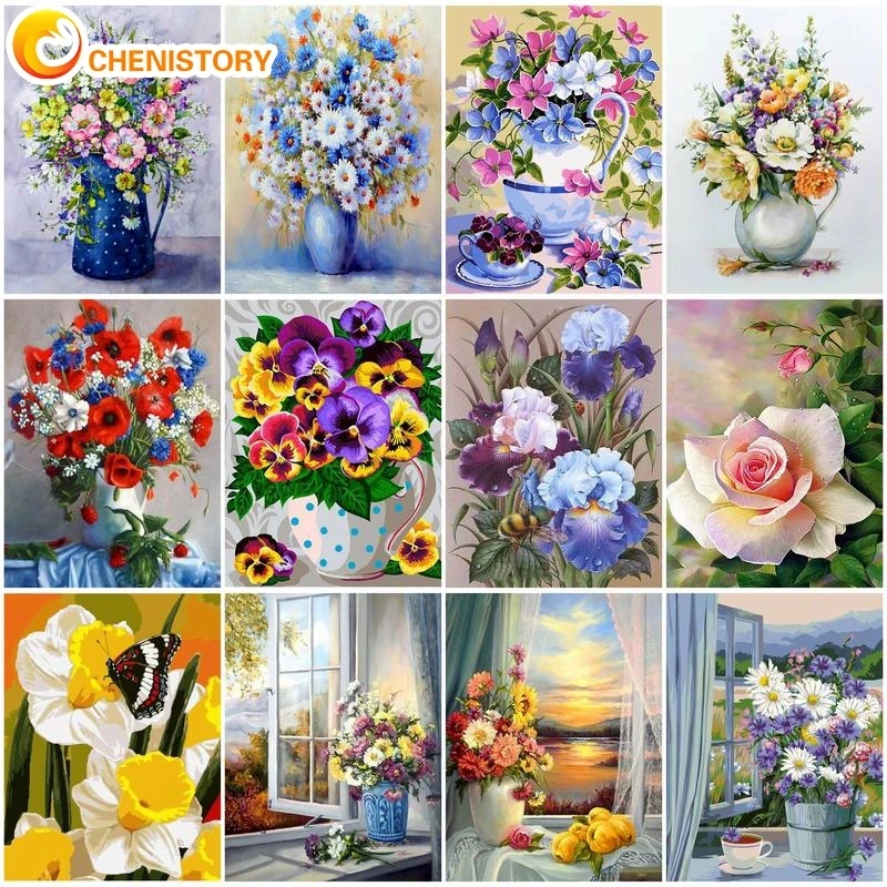 

CHENISTORY DIY Paintings By Numbers Kits Acrylic Paint By Numbers For Adults Flowers On Canvas Modern Wall Home Decoration Gfit