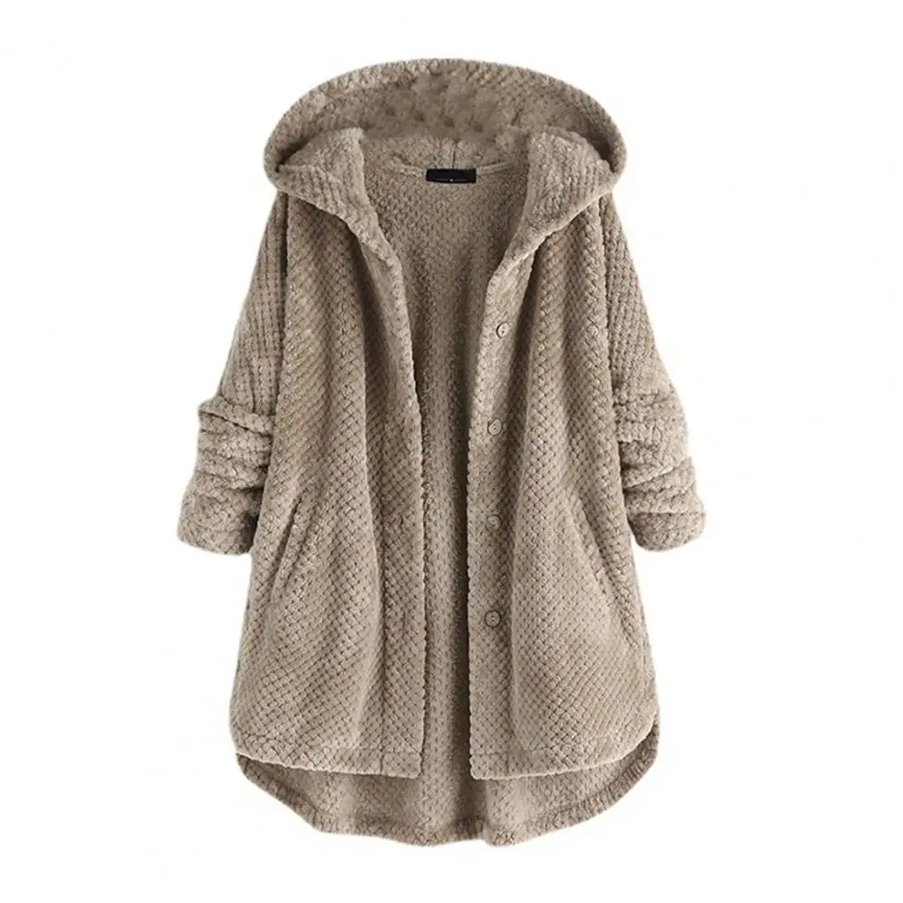 Women Winter Coat Single-breasted Placket Long Sleeves Hooded Hat Solid Color Thick Double-sided Plush Loose Warm Winter Jacket