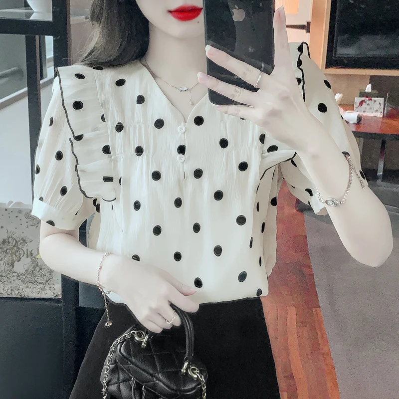 

Chiffon Women's Shirt Summer 2023 New Dots Blouses Loose Printed Short Sleeves Top V-neck Ladies Clothing YCMYUNYAN