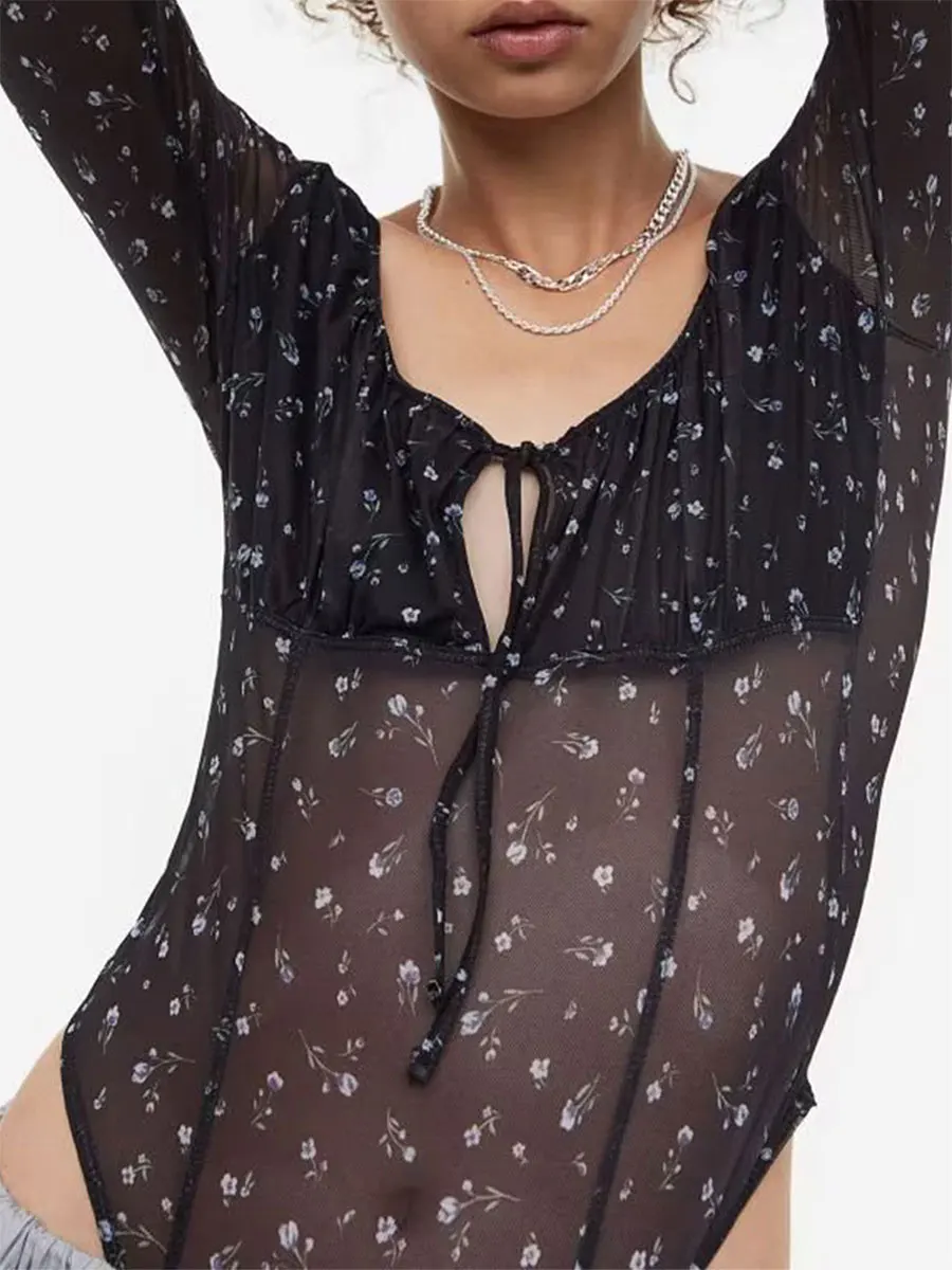 

Women s Slim Long Sleeve Bodysuit Flower Print Scoop Neck Tie Cutout Front Sheer Triangle Jumpsuit For Beach