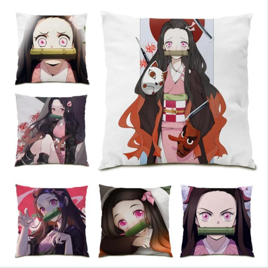 

2023 Decoration Velvet Poster Cushion Cover 45x45 Bed Demon Slayer Nezuko Home Decor Pillow Case Kawaii Anime Gift Cartoon E0156