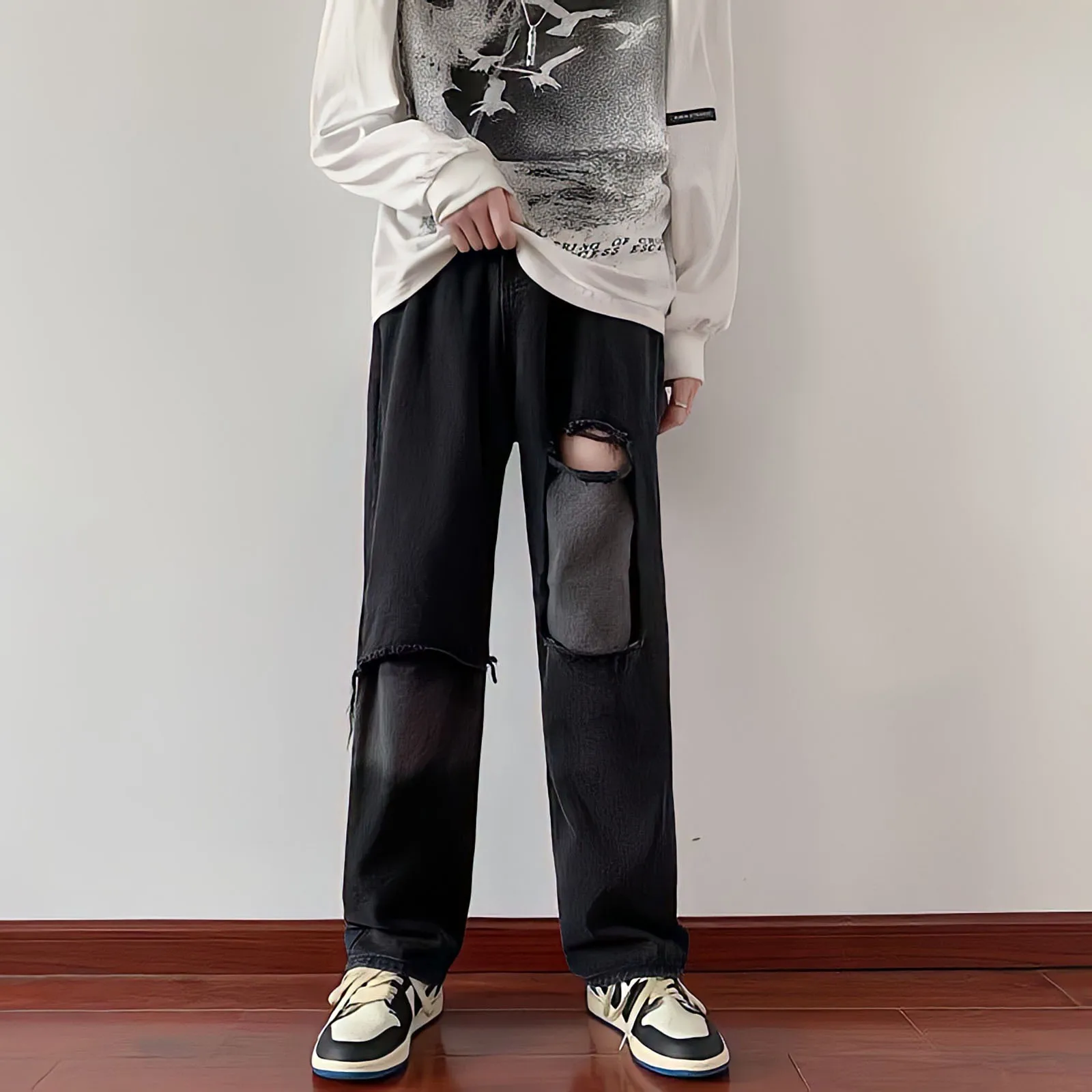 Black Ripped Jeans Men Korean Fashion Harajuku Style Baggy Straight Wide-Leg Pants Vintage High Street Hip Hop Denim Trousers