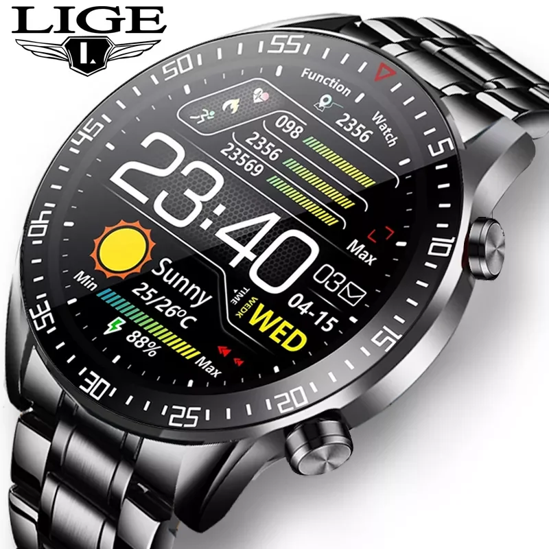 

LIGE 2021 New Men Smart Watch Heart Rate Blood Pressure Waterproof Sports Watch Fitness Tracker For IOS Android Smart Watch Men