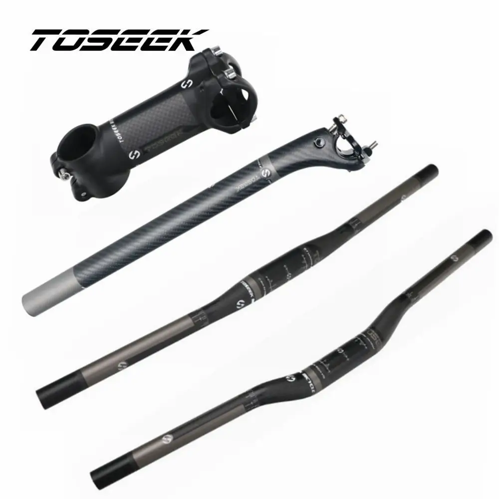 

TOSEEK Matte 3K Carbon Fibre Bicycle Mountain Bars Sets Rise or Flat Handlebar SeatPost Stem For Bike MTB Parts