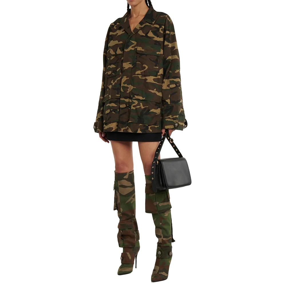 Autumn Winter  women's Knee High Boots Pointed Toe High Heel Slip On Sexy Denim Camouflage Button Vintage Fashion Tall Boots