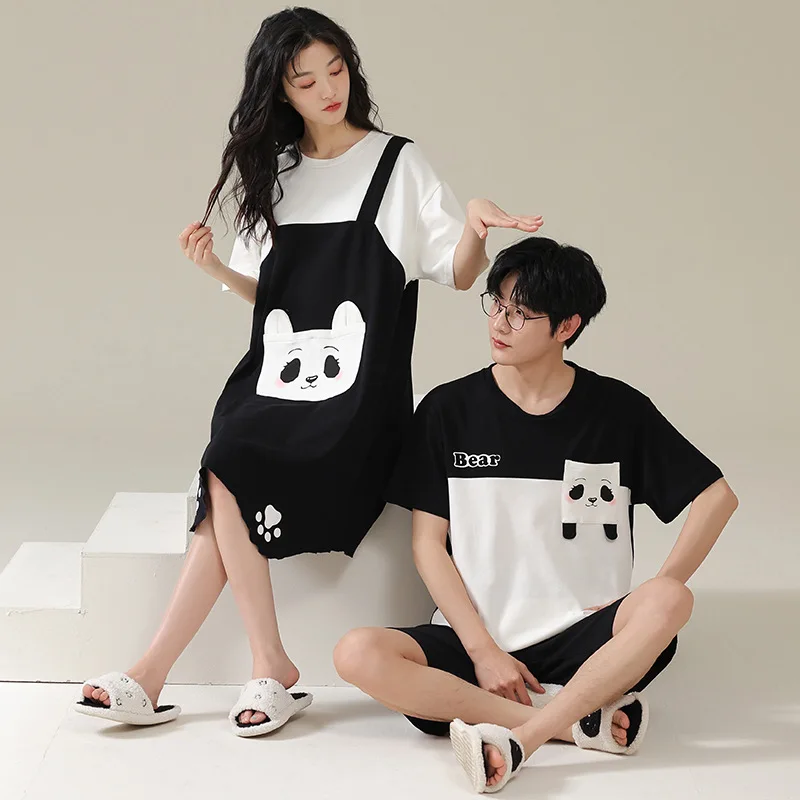 Matching Couple Pajamas Set Summer Cotton Homewear For Men Pyjama Kawaii Anime Panda Bear Home Clothes Lover Sleep Suit Nightgow