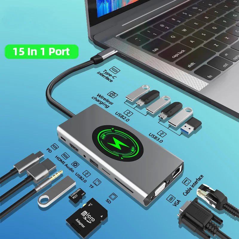

15 Em 1 Estação De Acoplamento Hub Usb Tipo C Para H Dmi-compatível Com Carregamento Sem Fio Usb 3.0 Adaptador Tipo C Hub Dock