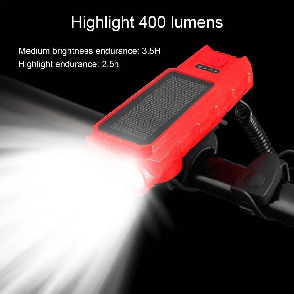 

400 Lumens Solar Bike Light 130db Tweeter Front Flashlight With Horn Bicycle Waterproof USB Charging Solar Bike Headlight Light