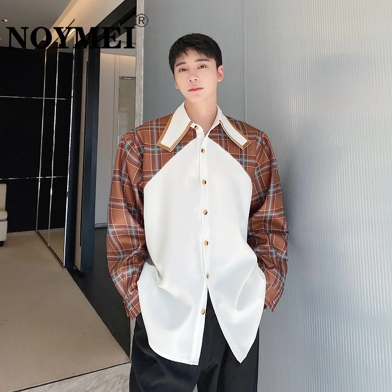 

NOYMEI Spring Korean Style Fashion Color Contrast Design Men Long Sleeve Lapel Shirt Fashionable Trend Single Breasted Top WA976