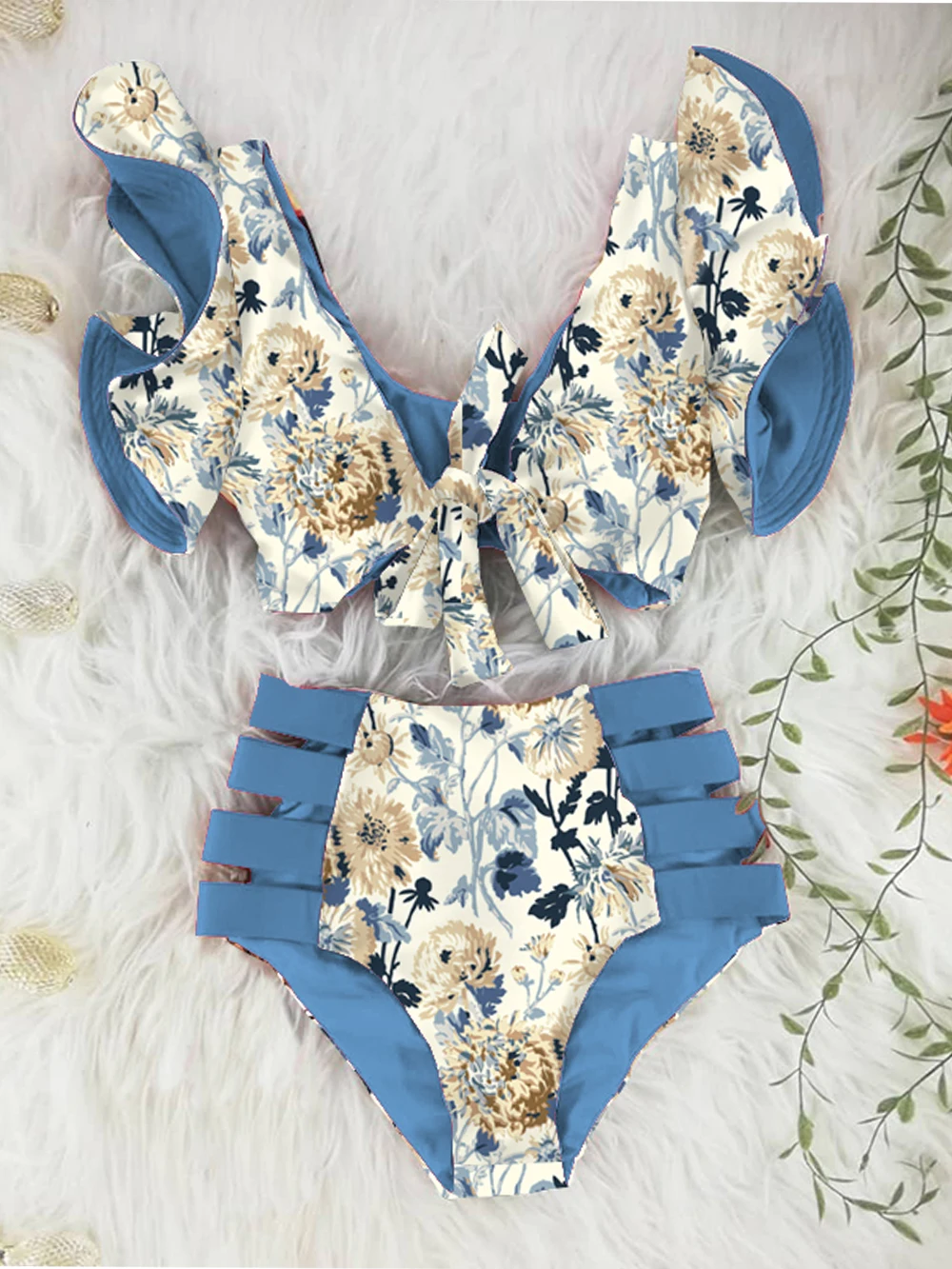 

Пикантные бикини с высокой талией, новинка 2022, купальник с принтом, женский купальник, купальные костюмы с плечами и оборками, пляжная одежд...