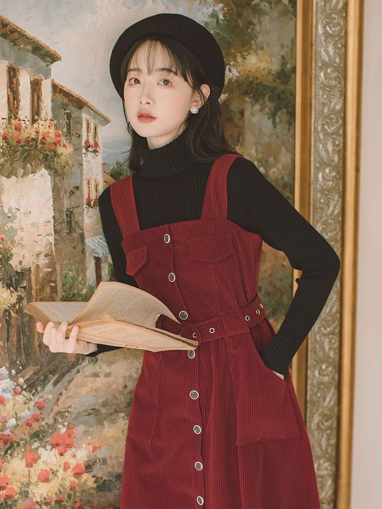 

Corduroy Suspender Suit Dress Women's Autumn and Winter Christmas Two-Piece Skirt Winter Skirt Long Dress